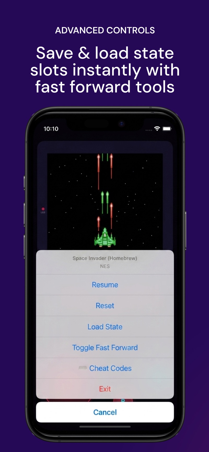 In-game menu with load state and fast-forward options