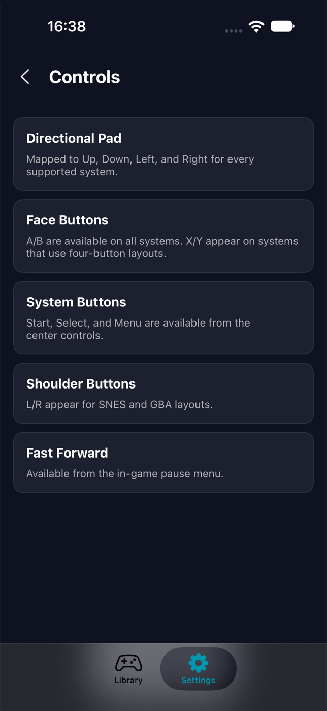 Actual iOS Controls screen explaining directional, face and shoulder buttons