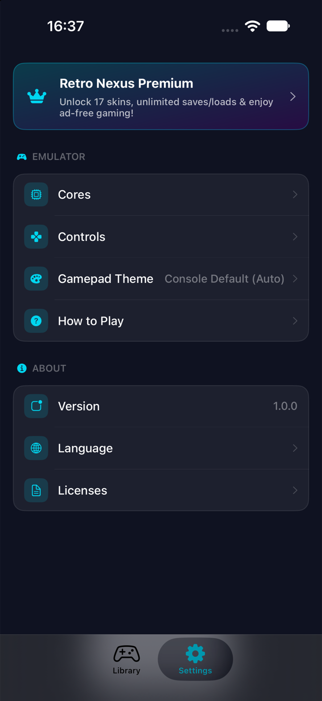 Actual iOS Settings screen with cores, gamepad themes and setup guide