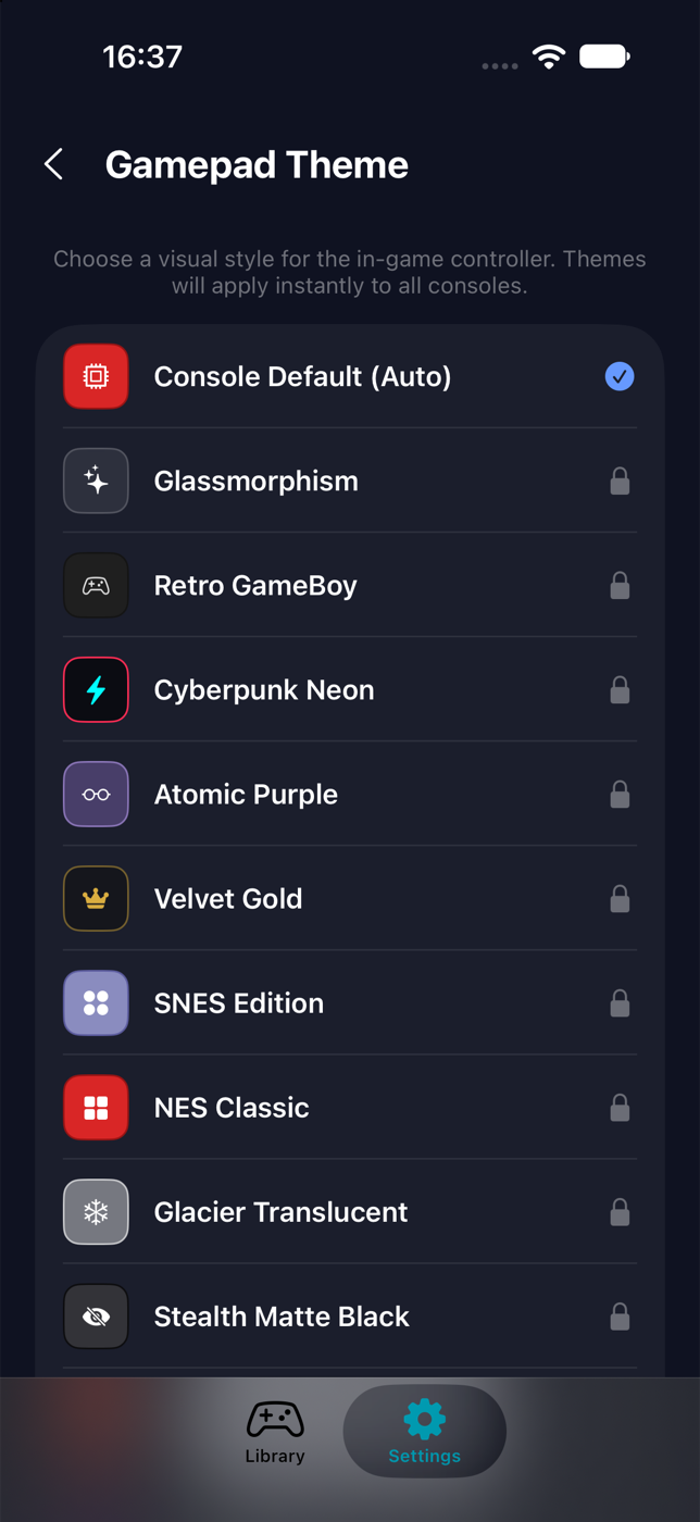 Actual iOS Gamepad Theme screen showing classic, neon and premium themes